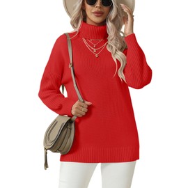 Jouica Women 2023 Fall Casual Turtleneck Batwing Sleeve Chunky Oversized Ribbed Knit Tunic Sweaters Pullover, Qi Red, X-Large