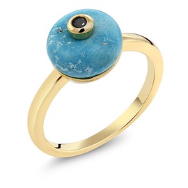 Gem Stone King 18K Yellow Gold Plated Silver 10MM Blue Simulated Turquoise and 2MM Black Diamond Ring For Women Available In Size 5, 6, 7, 8, 9
