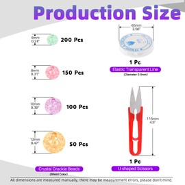 Swpeet 502Pcs 4 Sizes Colorful Acrylic Crystal Beads, 6mm 8mm 10mm 12mm Round Crackle Lampwork Glass Beads Charms, Rainbow Color Chunky Bubble Beads, Loose Spacer Beads with Elastic String Scissors