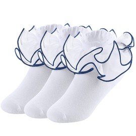 Yepami Big Girls Lace Socks Shimmering Cute Ruffle Comfortable Frilly Dress Ankle Socks 3 Pairs (Blue, Small, 2_years)