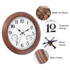 Vigorwise 13.5 Inch Wood Wall Clock with Temperature & Humidity, Retro Wood Wall Clocks, Large Sweep Movement Accurate Vintage Wall Clock for Living Room Bedroom Housewarming Xmas New Year Present