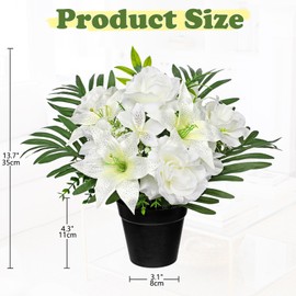 Hollyone Artificial Cemetery Flower for Graves, White Faux Lily Rose Flowers in Pot Silk Cemetery Memorial Flowers for Outdoors Gravesites Headstones Home Decoration