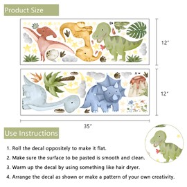 Yovkky Watercolor Baby Dinosaur Wall Decals Stickers, Dino Volcano Tropical Leaf Palm Tree Baby Boy Girl Room Nursery Decor, Cloud Moon Star Neutral Home Decorations Kid Bedroom Playroom Art