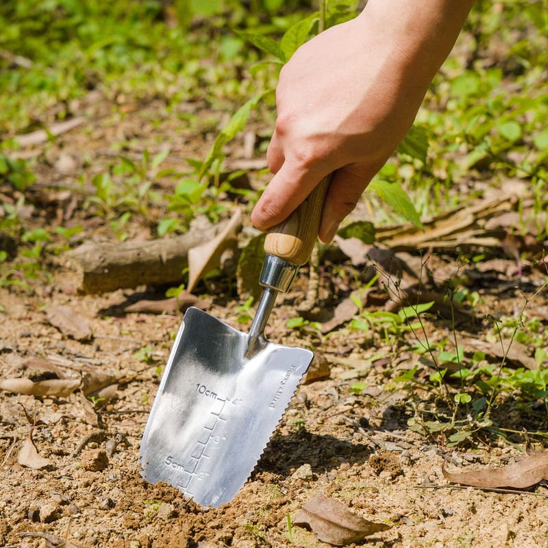 Berry&Bird Garden Serrated Planting Trowel, Multifunctional Shovel with ash Wood
