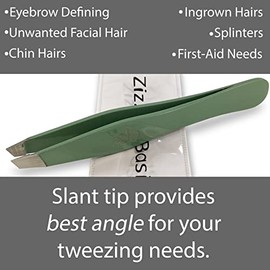 Pinzas – Acero inoxidable de grado quirúrgico – Punta inclinada para moldear cejas expertas y depilación facial – con bolsa protectora (salvia)