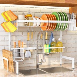 Over The Sink Dish Drying Rack - Adjustable Dish Rack for Kitchen Counter, Metal (White)