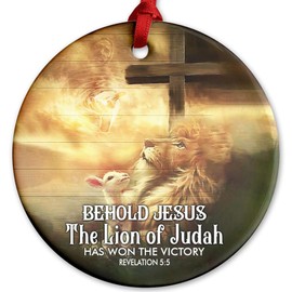 Rigufu 2024 Christmas Ornament - Lion of Judah Jesus & Lamb Ceramic Ornament, Religious Hanging Decoration Gift, Inspiring, Religious Gift Decor