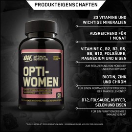 Optimum Nutrition ON Optiwomen Multivitamin and Mineral Capsules for Women with Folic Acid, Vitamin C, Vitamin D and B Complex High Dosage, Skin and Hair Vitamins, 30 Servings, 60 Capsules