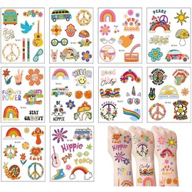 10 Sheets 70s Retro Hippie Theme Temporary Tattoos,Groovy Tattoos Stickers for Kid Women,Love and Peace Sign Waterproof Face Body Fake Tattoos Stickers for Hippie Party Favor Supplies