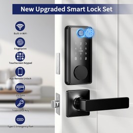 WiFi Fingerprint Smart Lock for Front Door - Keyless Entry Door Lock with Handle Set | No Bridge Required Electronic Digital Keypad Deadbolt with APP Control,Auto-Lock,USB-C Charging Port