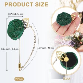 sourcing map 2 Pcs Rose Lapel Pin for Men Suits, Cloth Flower Brooch Handmade Boutonnieres with Gold Leaf/Chain for Suit Accessories Bridegroom Wedding, Dark Green