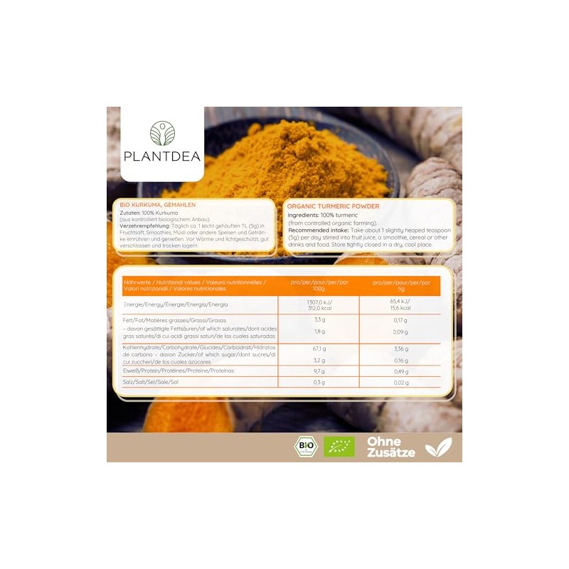 PlantDEA, Organic Turmeric Powder (500 g), 100% Organic Turmeric Powder,