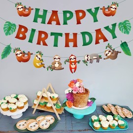 Cheereveal Sloth Happy Birthday Banner, Sloth Birthday Party Supplies, Baby Shower Decorations with Sloth Garland, Tropical Leaves