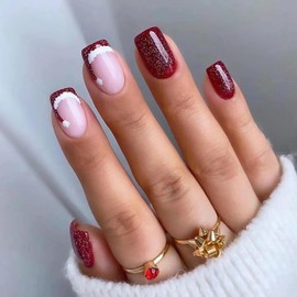Red Press on Nails French Tip Fake Nails,Christmas Press on Nails Medium Square False Nails Glossy Glitter Glue on Nails Cute Xmas Stick on Nails Santa's Hat Winter Acrylic Nails for Women Girls,24Pcs