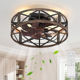 Caged Ceiling Fan with Light and Remote, 20" Low Profile Flush Mount Ceiling Fans with Light, 6 Speed, Timing, Reversible DC Motor, Small Farmhouse Fan Lights for Bedroon Kitchen Living Dining Room