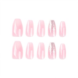 Short Press on Nails Coffin Fake Nails Gradient Nails Press ons Glossy Glue on Nails Ctue False Nails with Glitter Designs Full Cover Artificial Stick on Nails for Women 24Pcs