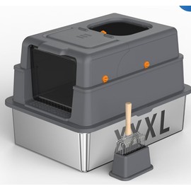 YIZFERN Stainless Steel Litter Box with Lid, XL Large Enclosed High-Sided Cat Litter Box for & Multiple Cats, Odor Control with Carbon Filters, Anti-Urine Leakage, Removable Lid & Scoop (Dark Gray)