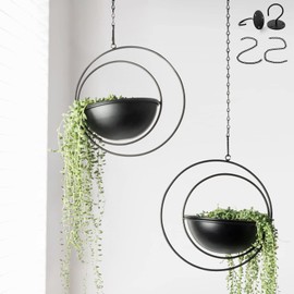 Hajia 2 Pack Moon Shaped Hanging Plant Holder with 7.5 Inch Detachable Pot, Black Metal Plant Hanger for Indoor Outdoor, Minimalist Hanging Planter for Wall Ceiling Decor.(No Drainage Holes)