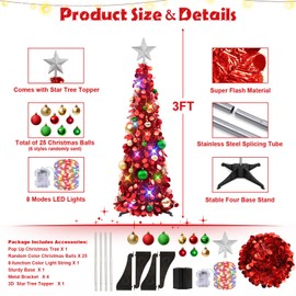 N&T NIETING Pop Up Christmas Tree with Lights & 25 Balls, 3Ft Collapsible Red Tinsel Christmas Tree Decorations, Pencil Christmas Tree Skinny Christmas Tree for Holiday Xmas Home Office Decor