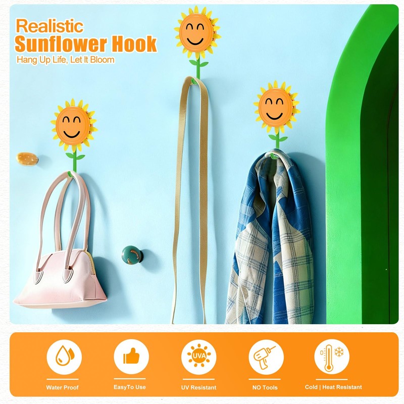 Sunflower Retractable Hooks, Strong Self-Adhesive Sticky Hooks, Traceless & Waterproof,