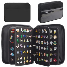 PACMAXI - Estuche de transporte de páginas esmaltadas, estuche organizador de almacenamiento de colección de pines, bolsa de viaje con broche (no incluidos), Negro con hojas sueltas de 4 páginas,