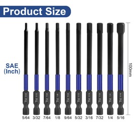 HPHOPE Impact Hex Head Allen Wrench Drill Bit Set 10 Pcs - SAE, TS2 Steel Hex Bits Set, 1/4” Hex Shank with Magnetism, 100mm Long with Storage Box.