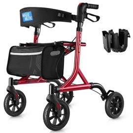 ISEASY Rollator Walker For Seniors With Cup Holder, Upgraded Thumb Press Button For Height Adjustment, 4 X 8" Wheels Walker - Color: RED