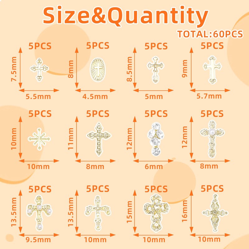 60 Pcs Gold Coss Nail Charms, 12 Styles 3D Cross