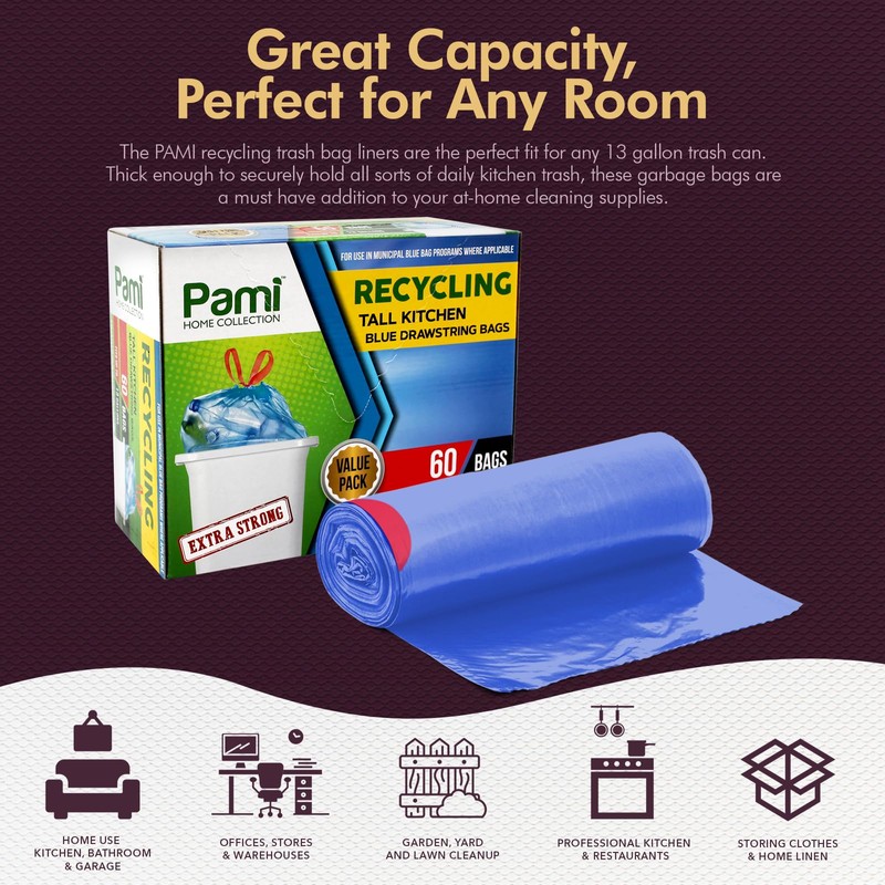 PAMI Recycling Tall 13-Gallon Kitchen Drawstring Trash Bags- Extra-Strong Plastic