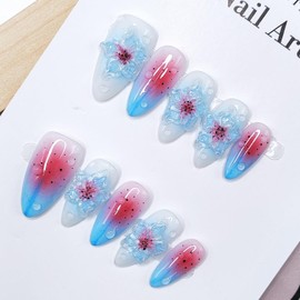 Blue Gradient Press on Nails Medium Almond False Nails Handmade Luxury 3D Flower Fake Nails Thick and Muti-Layer Gel Acrylic Nails Full Cover Stick on Nails for Women DIY Manicure (Size S)
