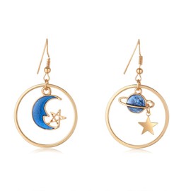 SUNSCSC Enamel Moon Star Earth Planet Drop Hook Earrings Long Pendant Dangle Jewelry for Woman (Short W756)