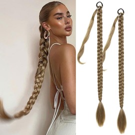 Fulang Hair 2 Pieces Braid Ponytail Extension Braid with Hair Scrunchie, Hairpiece for Braiding, Long Ponytail Synthetic Hair for Women, Braided Hairpiece (Blonde with Pale Golden Highlights)