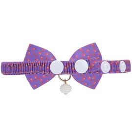 Blueberry Pet Purple Tulip Floral Breakaway Bowtie Cat Collar Choker Necklace with Handmade Bow Tie and Pearl Charm, Safety Elastic Stretch Collar for Cats, Neck 8.5"-12"
