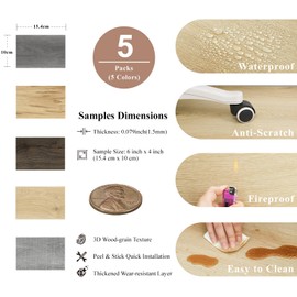 MULGREAT Peel and Stick Floor Tile, 5-Pack Waterproof Vinyl Flooring Samples, Wood-Look Self-Adhesive Luxury Vinyl Plank Flooring for Kitchen & Bathroom, Easy DIY (6x4 Inch, Sample)