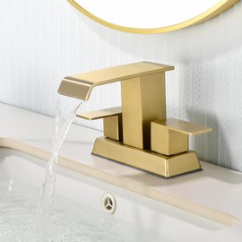 Waterfall Bathroom Sink Faucet 4 Inch Faucet 2 Handle Lead-Free Brushed Gold Centerset Bathroom Faucet with Water Supply Lines Pop Up Drain 2 or 3 Holes Bathroom Basin Lavatory Mixer Taps