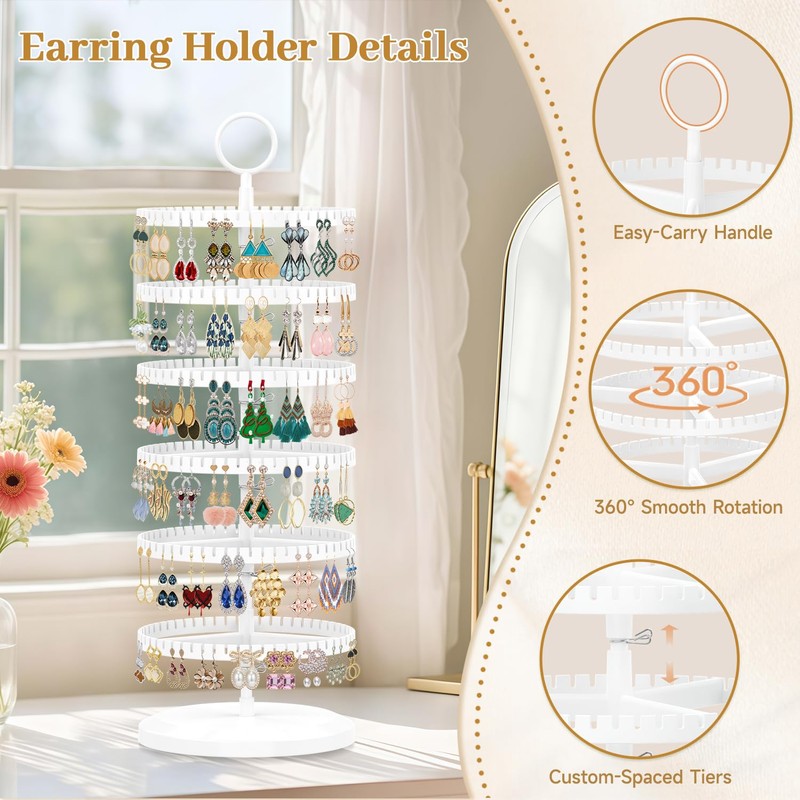 MODOWEY 6 Tier Rotating Earring Holder Organizer, Adjustable Metal &