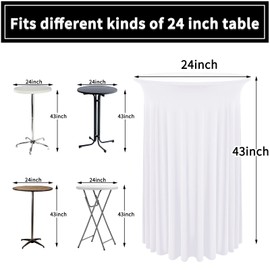 REWOMC 8 Packs Round Cocktail Table Skirt 24"x 43" Spandex Stretch Cocktail Tablecloth with Wavy Drapes, White Spandex Fitted High Top Table Covers for Wedding Bar Party Birthday Banquet Table