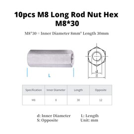 Hilitand 10 Pcs Long Rod Nut Hex Coupling Nuts Hexagonal Sleeve Nut Standoff M8 Threaded Fasteners(M8*30)