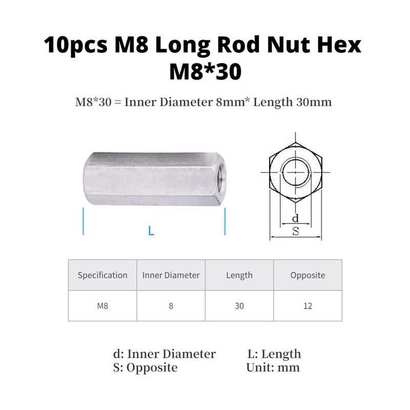 Hilitand 10 Pcs Long Rod Nut Hex Coupling Nuts Hexagonal