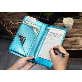 Mymazn 4.7" X 9" Metallic Blue Sever Book with Zipper Pocket and Magnetic Closure Bling Waitress Book with Money Pocket Restaurant Waitstaff Organizer Fit Server Apron with High Volume Pocket