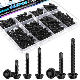 mxuteuk 165PCS #8#10 Self Tapping Screws Assortment Kit,410 Stainless Steel Hex Washer Head Self Drilling Screws,Black Zinc Plated Sheet Metal Screws Suitable for Wood, Metal or Tough Materials