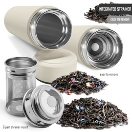 Tea & Fruit Infuser Water Bottle + Strainer + BPA-Free Fruit Insert | Vacuum Insulated 450ml Stainless Steel Thermo Flask | Portable Tea Tumbler: Office, Outdoor, School, Sports, Bike - Cream White