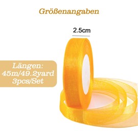 Auriselle 3 Rollen 25 mm x 45 Meter Organzaband, Band Transparentes Organza Breit Bänder DIY Geschenkband Schleifenband Dekoband für Tischband Stoffband Weihnachtsbaum Hochzeitsdekoration, Gelb