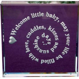 Welcome Baby, Hand Carved Etched Glass Paperweight
