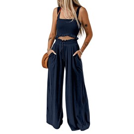 DEAHEZEN Sleeveless jumpsuit jumpers rompers for women 2024 BOHO outfit stretch wide leg (Blue, XL)