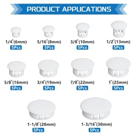 JTAREA 10Values Nylon Plastic Hole Plugs Assortment Kit 1/4" 5/16" 3/8" 1/2" 5/8" 3/4" 7/8" 1" 1-1/8" 1-3/16" White Hole Cover for Furniture Cabinet Insert End Caps
