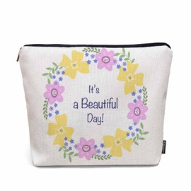 Kalygon Makeup Bag Funny Quote Makeup Bags For Purse Pouch, Floral Wreath Travel Toiletry Bag Cosmetic Bag Makeup Bags Flax Makeup Organizer Bag Pencil Pouch For Man Woman It's A Beautiful Day