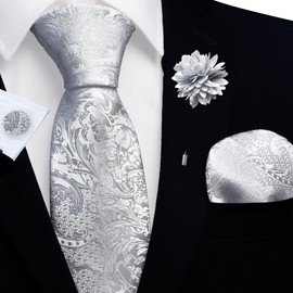 GUSLESON Silver Tie Set for Men Silk Paisley Necktie Pocket Square Cufflinks and Lapel Pin Brooch Set for Wedding (6114-08)