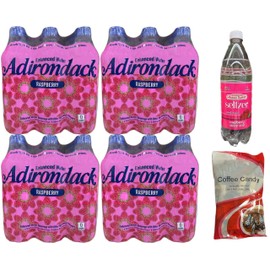 Adirondack Enhanced Water Raspberry Fruit Flavored Beverage 101.4 fl oz (Pack of 4) + Water Seltzer Raspberry 1 Liter, 33.8 fl oz + Coffee Candy Market Basket 5oz
