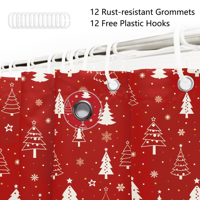 AIBIIN Red Christmas Shower Curtain Xmas Tree Snowflakes Bath Curtains